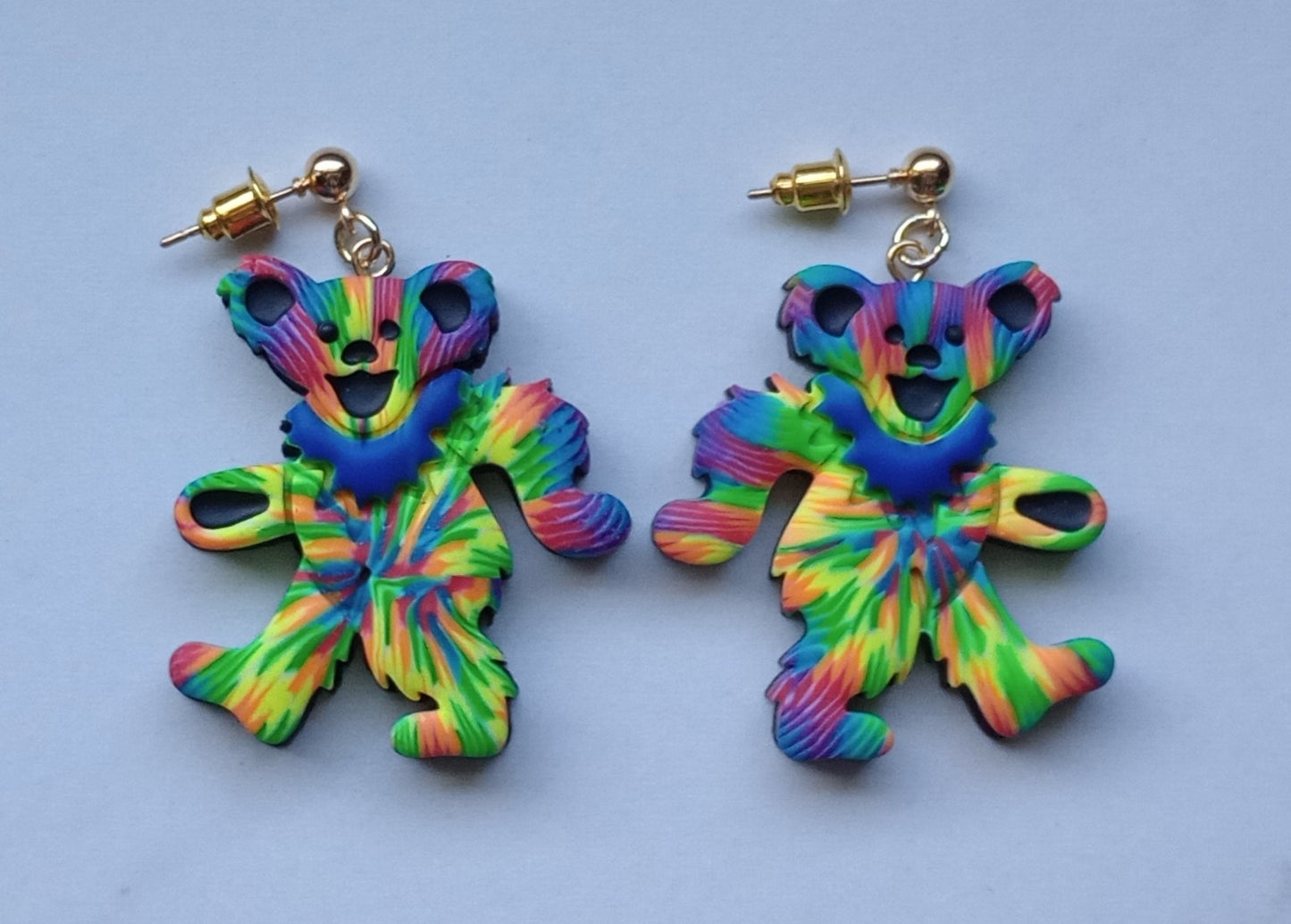 Tie Dye | Dancing | Happy Bear | Handmade | Hippie | Retro | Polymer Clay Earrings