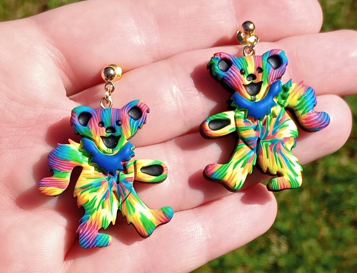 Tie Dye | Dancing | Happy Bear | Handmade | Hippie | Retro | Polymer Clay Earrings