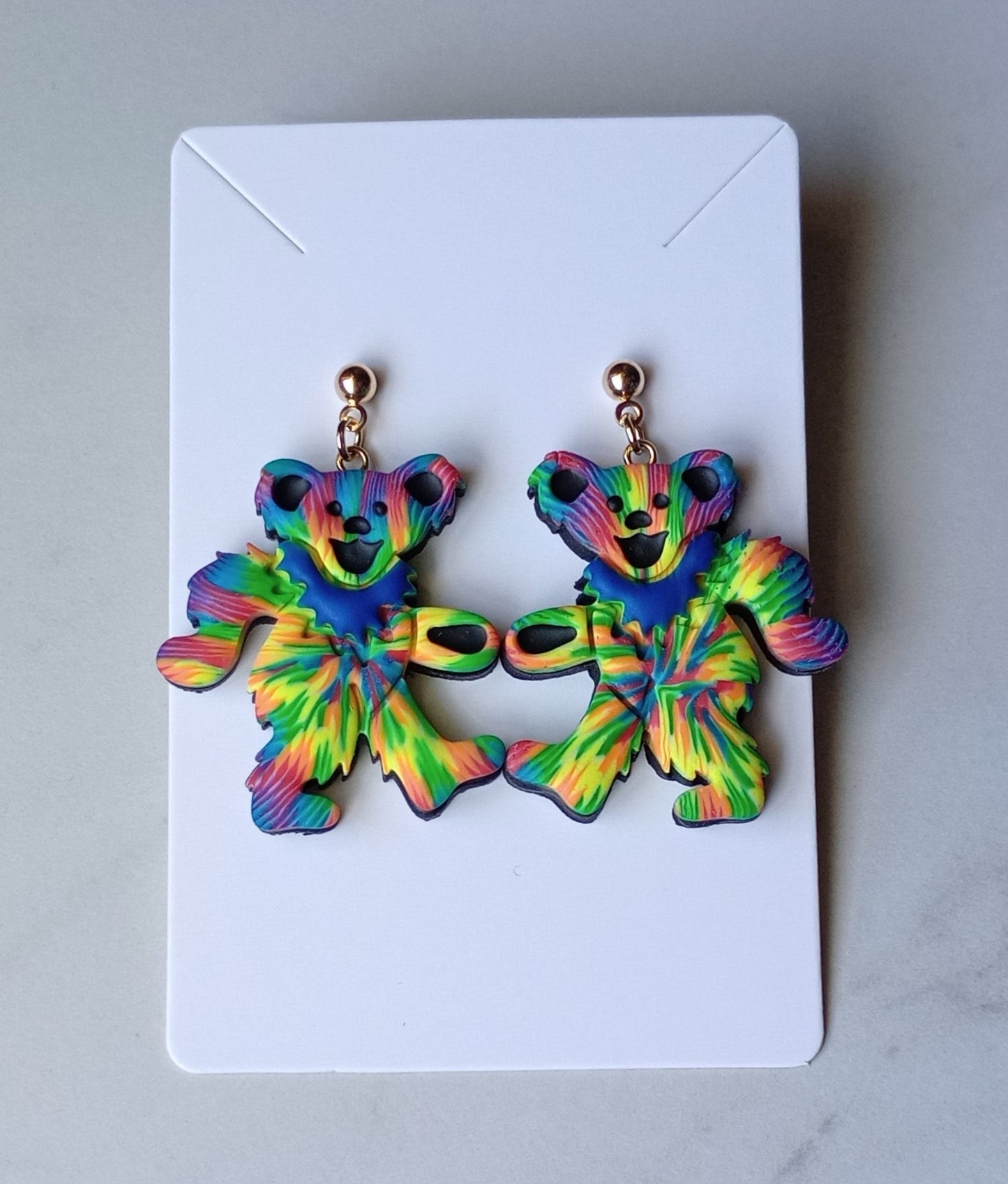 Tie Dye | Dancing | Happy Bear | Handmade | Hippie | Retro | Polymer Clay Earrings