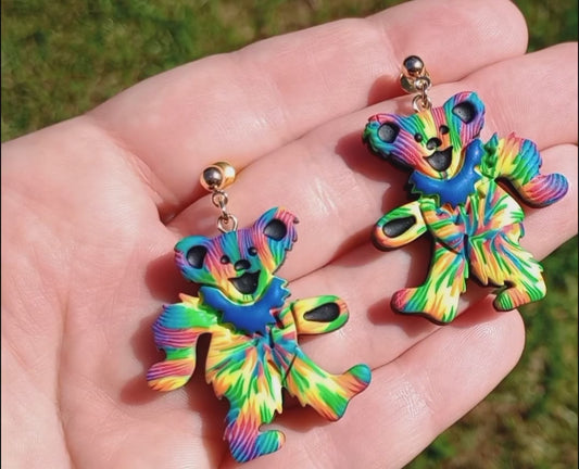 Tie Dye | Dancing | Happy Bear | Handmade | Hippie | Retro | Polymer Clay Earrings